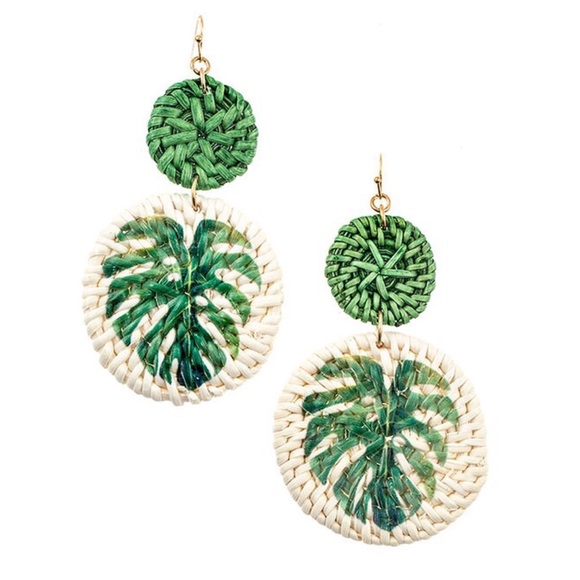 Jewelry - Green Monstera Leaf Accent Woven Straw Earrings